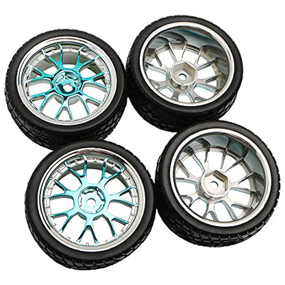 4PCS 12mm Hex Hub RC Cars Wheels and Tires,62mm On Road Touring Rubber Racing Rally Tires Set for 1:10 1:16 1:18 XV01 TT01 TT02B HSP 94122 94123 94103 3850 3851 FW06 16889 RC Cars(Silver Blue)