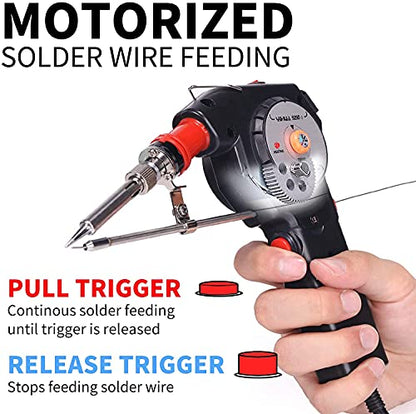 YIHUA 929D-I Motorized Automatic Feed Soldering Gun with Variable Precise Temp (392-842°F), On-off Switch, Temp Adjustment Dial for Single-Handed soldering work, Wire Splicing, Wire-to-switch - color: Red