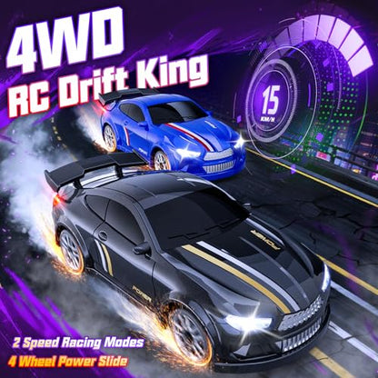 Mini RC Car 1:64 Scale, Remote Control Desktop Car for Adults & Kids | 2.4GHz RC Drift Car with LED Lights & 2 Speeds, Includes 4 Obstacles & Track Mat, Hobby Gift for Boys, Black - color: Black