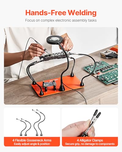 VEVOR Magnetic Helping Hands Soldering Station, 4 Flexible Arms Third Hand Soldering Tool, with 3X LED Magnifying Lamp, 4 PCB Pillar Holder & Heavy-Duty Base, Electronic Repair Craft Hobby DIY - style: 11*7in Large Base Helping Hands Kit