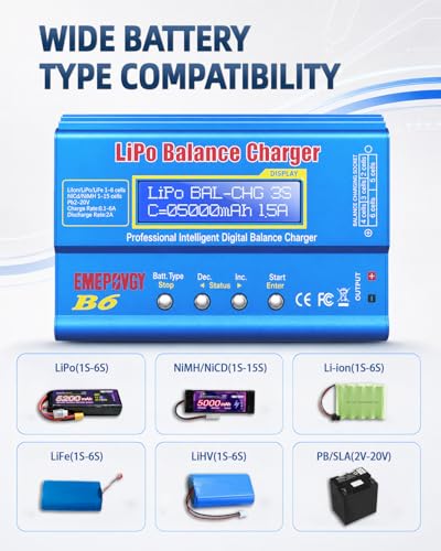 B6 Battery Balance Charger 2026 Upgraded 80W Discharger for NiMH/NiCd (1-15S) LiPo/Li-ion/Life Battery (1-6S) RC Hobby Batteries Balance Charger with AC Power Supply