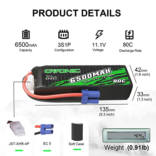 OVONIC Lipo Battery 6500mAh 80C 11.1V 3S RC Battery with EC5 Connector for RC Plane DJI Quadcopter RC Airplane RC Helicopter RC Car Truck Boat 2pcs
