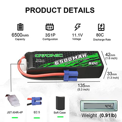 OVONIC Lipo Battery 6500mAh 80C 11.1V 3S RC Battery with EC5 Connector for RC Plane DJI Quadcopter RC Airplane RC Helicopter RC Car Truck Boat 2pcs