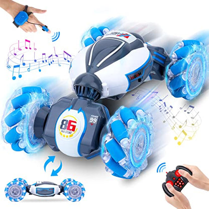 Fosgoit Gesture Sensing RC Stunt Car, Toys for Boys Girls 6-12 Year Old | Remote Control Car, Gifts for Boys and Girls Age 6+, 360° Rotate RC Car with Lights and Music, Gesture Sensing Rc Stunt Car - color: Blue-white