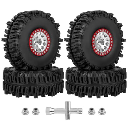 HobbyPark Soft Rubber 1/10 RC Crawler 1.9 Mud Slingers Tires 4.7inch 120mm and 1.9 Beadlocks Wheels Set for Scale RC4WD Axial SCX10 TRX4 Redcat Gen 8 Good Grip w/Foams (Silver & Red Rims) - color: Silver & Red Rims