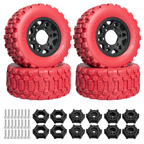 LRFHL 1/10 RC Short Course Truck Tires with 12mm 14mm 17mm Hex, 4PCS | Pre-Glued, RC Off-Road Short Truck Tires, for 1/8 1/10 Arrma Senton Traxxas Slash 2WD Axial Losi Redcat - color: Red Tires+ Black Wheels