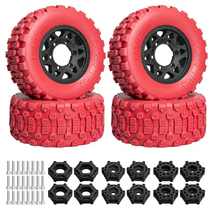 LRFHL 1/10 RC Short Course Truck Tires with 12mm 14mm 17mm Hex, 4PCS | Pre-Glued, RC Off-Road Short Truck Tires, for 1/8 1/10 Arrma Senton Traxxas Slash 2WD Axial Losi Redcat - color: Red Tires+ Black Wheels