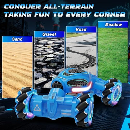 Gesture Sensing RC Stunt Car, Remote Control 2.4GHz 4WD Hand Controlled Car | Toys Gift for Boys and Girls Ages 6-12, 360° Rotating RC Cars with Lights and Music, Ideal Birthday and Xmas Gift - color: Blue