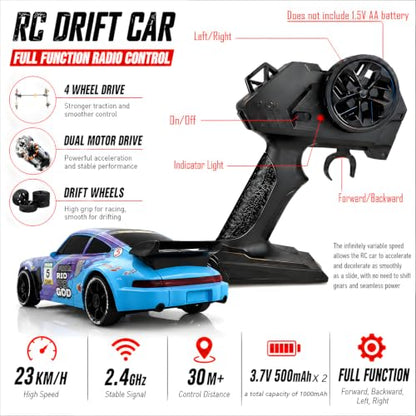 HTURCCOP 1:24 RC Drift 2.4GHz with LED Light Race Car Toys for Boys and Girls Aged 6+ Speed Adjustable up to 23Km/H, High-Speed RC Racing Cars Toy Gift for Boys & Girls(Blue/Purple) - color: Blue/Purple