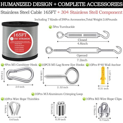 165FT Steel Cable Kit | M5 Turnbuckle & 1/8" Stainless Steel Wire Rope - color: 165FT Steel Cable