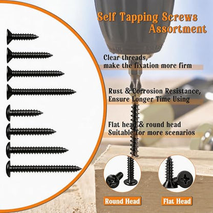 Dianrui 1050PCS Black Wood Screws Assortment Kit, Assorted 304 Stainless Steel Screws M3/M4/M5/M6, ‌Phillips Drive Sheet Metal Self Tapping Screw Set Marine Grade (Pan & Flat Screw) Length 1/4" to 2" - size: 1050PCS-BK