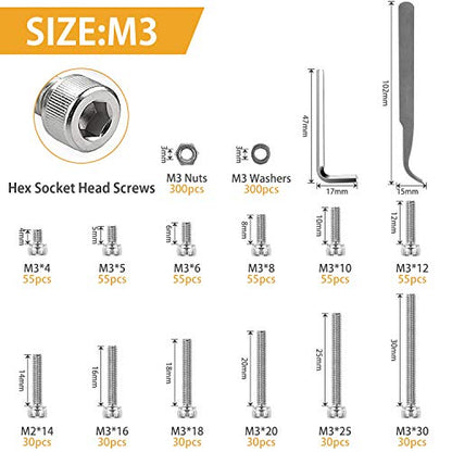 VIGRUE 1110PCS M3 Hex Socket Head Cap Screws Nuts Kit, M3 x 4/5/6/8/10/12/14/16/18/20/25/30mm Stainless Steel Screws Assortment Set W/Allen Wrench and Tip Curved Tweezer - size: M3 Socket silver