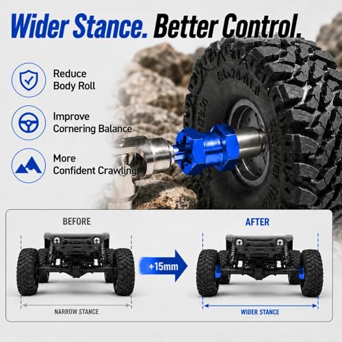4PCS 12mm Hex Hub 15mm Aluminum Extension Hex for Axial SCX10 D90 90046 | 15mm CNC Wheel Hex Extenders for 1/10 RC Crawlers Redcat Gen7/Gen8 CC01 RC4WD Wider Stance & Tire Clearance with M4 Nuts Pins - color: Darkblue
