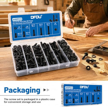 440PCS M6 Flange Bolt Assortment Kit with Nut Washer 10.9 Alloy Steel | Metric Black Zinc Plated Hex Head Screws Set, M6-1.0 X 12/16/20/25/30mm for DIY Repairs, 3D printers, RC cars, Drones - size: G10.9 M6 440PCS