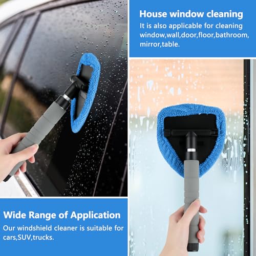 8 Pcs Car Window Cleaner Kit Triangle Shape Include Windshield Cleaning Tool with Extendable Handle 5 Microfiber Bonnets 1 Car Ventilation Brush 1 Empty 50ml Spray Bottle Glass Wiper Kits, Blue - color: Blue