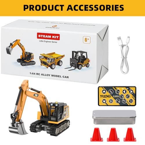 mini RC Excavator Toy 1:64 Remote Control Alloy Construction Vehicle | Die-cast metal forklift model with remote/APP control,STEM building kit, abuot 1 hour playtime,gift for kids and adults - style: mini Excavator