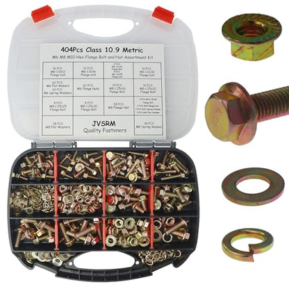 404Pcs Class 10.9 Metric Flange Bolts Kit - M6 M8 M10 (12-30mm) Serrated Hex Bolts with Nuts & Washers, Yellow Zinc, Storage Case for Light Equipment & DIY - size: 404PCS Metric Flange Bolt Kit M6~M10, Grade 10.9