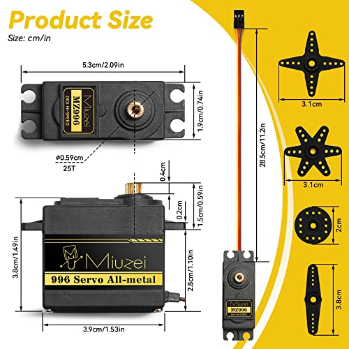Miuzei MG996R Servo Motor Metal Gear High Torque for 1/10 RC Car Boat (6) | 15.2kg.cm Torque, 0.13S/60°Speed @6V. 55g, Digital 180 Degree, Steering Kit with Arm for RC Robot Helicopter Arduino Plane