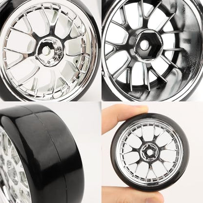 4 Pieces 1/10 Scale Hard Plastic RC Drift Cars On Road Touring Racing Tires Wheels Compatible with HSP Tamiya HPI Kyosho Redcat ExceedRC 1/10 On-Road Touring Car - color: Silver