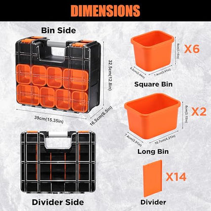 Double Side Tool Box, Multi-Function Storage Toolbox Organizer, 8 Movable Small Trays & Removable Dividers, Transparent Cover Plate, Toolbox For Hobby & Craft Use (15.16"L*12.8"W*6.3"H)
