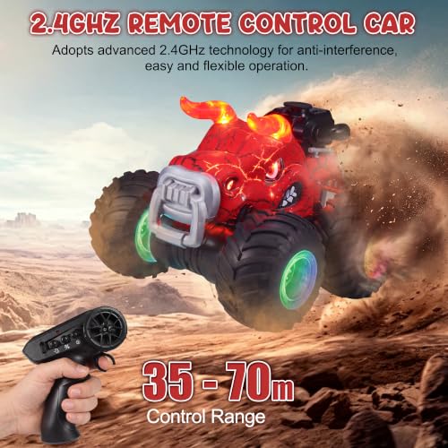 Remote Control Monster Truck Toys - 1000mAh Battery RC Stunt Car (Red) | 2.4GHz Remote Control, Flat & Upright 360° Spins, Trucks for Kids Ages 4-12, Birthday & Holiday Gifts for Boys & Girls - color: Red