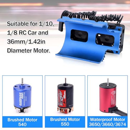 30mm RC Motor Cooling Fan and Dual Fans with Heatsink Compatible with RC 1/8 1/10 Scale Car 3650 3660 3670 Motor (Blue) - style: Blue-Dual Fan for 36mm motor