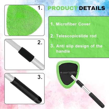 Windshield Cleaning Tool, Car Window Cleaner with Extendable Handle, 4 Microfiber Pads and Spray Bottle, Auto Interior Exterior Glass Wiper Cleaning Kit Universal for RV, SUV, Truck (Green) - color: Green