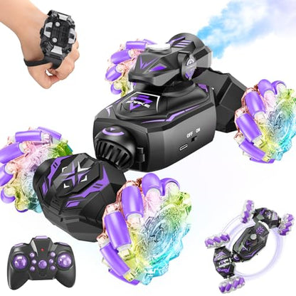 Gesture Sensing Remote Control Car, RC Cars Toys for Boys Age 6-12, 4WD Hand Controlled Twist & Transform 360° Spins Stunt Car with Mist, Light & Music, 8-10 Year Old Boys Birthday Gift Purple - color: Purple