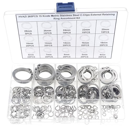 265PCS Metric 304 Stainless Steel C-Clips External Retaining Ring Kit | Nominal Diameter:4mm to 28mm
