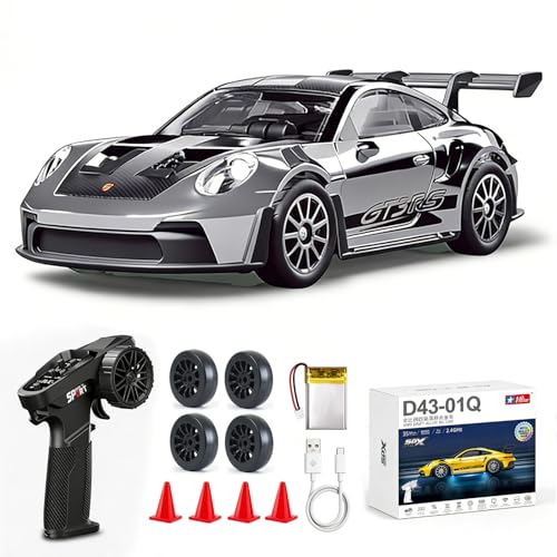 1/43 Scale RC Drift Car, Mini 911 RC Model Car 2.4GHz 4WD RC Alloy D43 Vehicles with Gyro & LED Lights for Adults Hobby Toys (Silver) - color: 911-silver