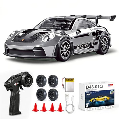 1/43 Scale RC Drift Car, Mini 911 RC Model Car 2.4GHz 4WD RC Alloy D43 Vehicles with Gyro & LED Lights for Adults Hobby Toys (Silver) - color: 911-silver