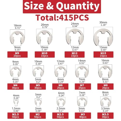 415Pcs E-Clip External Retaining Rings Snap Rings Assortment Set, 304 Stainless Steel C-Clip Kit, 14 SAE Sizes Circlip Snap Rings M1.5- M15 - size: 415pcs E-clip 304 Stainless Steel