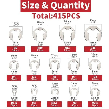 415Pcs E-Clip External Retaining Rings Snap Rings Assortment Set, 304 Stainless Steel C-Clip Kit, 14 SAE Sizes Circlip Snap Rings M1.5- M15 - size: 415pcs E-clip 304 Stainless Steel