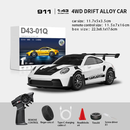 1:43 RC Drift Car 20KM/H with Gyro, 2.4G 4WD Full Proportional Alloy Sport Racing Car, Adjustable Speed, LED Lighting for Teens & Adults-D43-01 - color: Q3/White