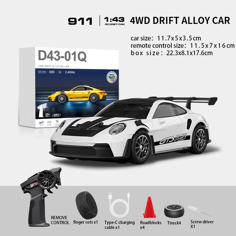 1:43 RC Drift Car 20KM/H with Gyro, 2.4G 4WD Full Proportional Alloy Sport Racing Car, Adjustable Speed, LED Lighting for Teens & Adults-D43-01 - color: Q3/White
