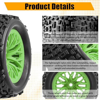 Pre-Glued 1/16 & 1/18 RC Monster Truck Tires, Soft Rubber Tire and Nylon Wheels Rims with 12mm hex Compatible with ARRMA 1/18 Granite/Typhon Grom, WLtoys A949, MJX Hyper Go H16 RC Buggy, 4PCS (Green) - color: Green