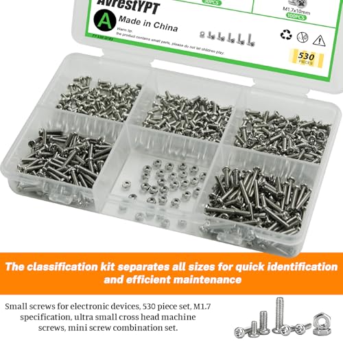 530Pcs 304 Stainless Steel Metric Micro Screws Nuts Assortment, M1.7x3/4/5/6/8mm Sizes, Phillips Pan Head, Fully Threaded Kit for Arduino, RC Models, Electronics, DIY Projects - size: M1.7x3/4/5/6/8-530Pcs