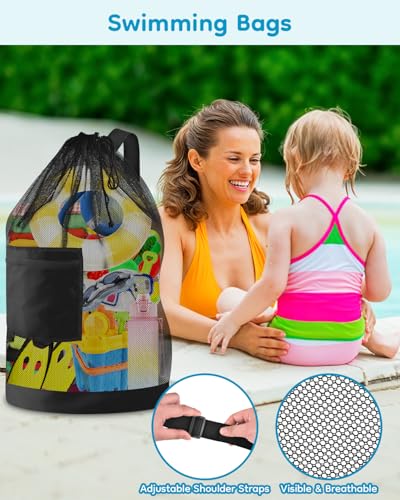 2PCS Mesh Beach Bag Drawstring Toys Bag | Swim Pool Toys Balls Storage Bags Gym backpack, Beach Toy Shells Organizer - color: Black-2pcs