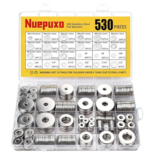530PCS Flat Washers Assortment Kit, 304 Stainless Steel Washers | Fender Washers, 24 Sizes (M3 M4 M5 M6 M8 M10 M12 6# 8# 10# 12# 1/4 5/16 3/8 7/16 1/2) SAE + Metric Metal Washers for Screws - style: 530PCS (Metric+SAE)
