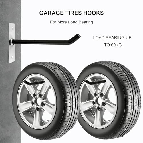 Sinoer 10 Inch Wall Mount Steel Tire Hooks,4 Pack Black | Heavy duty anti-slip hooks for tires, wheels, ladders & bikes; comes with mounting screws and anchors for garage storage
