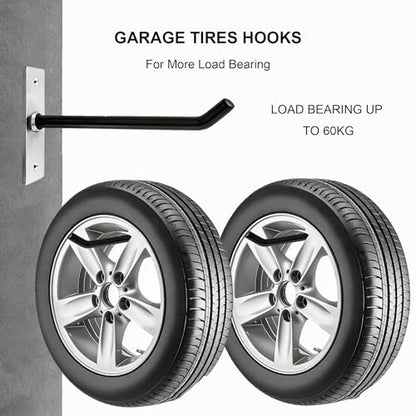 Sinoer 10 Inch Wall Mount Steel Tire Hooks,4 Pack Black | Heavy duty anti-slip hooks for tires, wheels, ladders & bikes; comes with mounting screws and anchors for garage storage