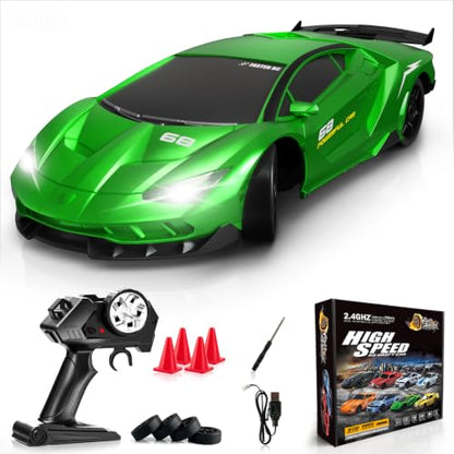 RC Drift Remote Control Car 2.4GHz 1/24 4WD 15KM/H High Speed Racing Sport with LED Lights Drifting Tire Toy for Adults Boys Girls Kids Gift - color: Green