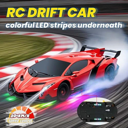 QUN XING Remote Control Car 1:24 Licensed Lamborghini 2.4G RC Drift Car red | rc car with LED Lights 2.4GHz 4WD 15KM/H Fast Speed Control Rechargeable Battery 800mah Birthday for Kids Boys 8-12 - color: Red