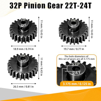 3PCS 32P Pinion Gear #45 Hardened Steel 3.175mm - 22T 23T 24T 0.8M Motor Pinion Gear Set for 1/10 RC Car, Compatible with Traxxas Arrma Tamiya Losi Brushless Brushed Motor Upgrade Parts - size: 22 23 24T