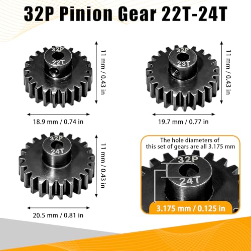 3PCS 32P Pinion Gear #45 Hardened Steel 3.175mm - 22T 23T 24T 0.8M Motor Pinion Gear Set for 1/10 RC Car, Compatible with Traxxas Arrma Tamiya Losi Brushless Brushed Motor Upgrade Parts - size: 22 23 24T