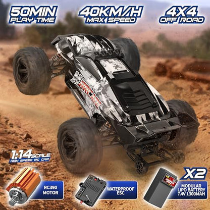1:14 Scale All Terrain RC Cars for Adults & Boys (HS14323), Max Fast 40+ KPH, 4WD Off-Road RC Truck for Snow & Sand & Mud, 4X4 Waterproof Remote Control Car with 2 Rechargeable Batteries - color: Green2