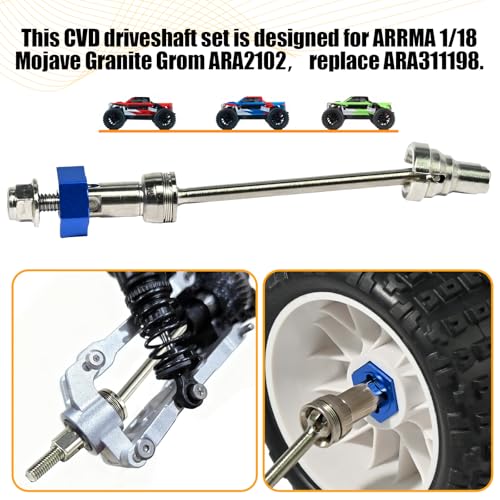 Hardened Steel CVD Driveshaft Front Rear with Hexs, Nuts, Drive Center Cup, Drivershaft Dogbone CVD Compatible with ARRMA 1/18 Mojave Granite GROM ARA2102, Replace #ARA311198 (Silver,Blue) - color: Silver-blue