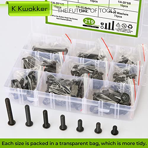 1/4 20 Bolt and Nuts, 7 Sizes are 2", 1-1/2", 1-1/4", 1", 3/4", 5/8", 1/2", Button Head Hex Socket Cap Screws, Black, Full Machine UNC Thread, with Washers for Screws, 219Pcs Totally | Black UNC Full Threaded Machine Screws w/ Washers, 7 Length 2", 1-1/2"