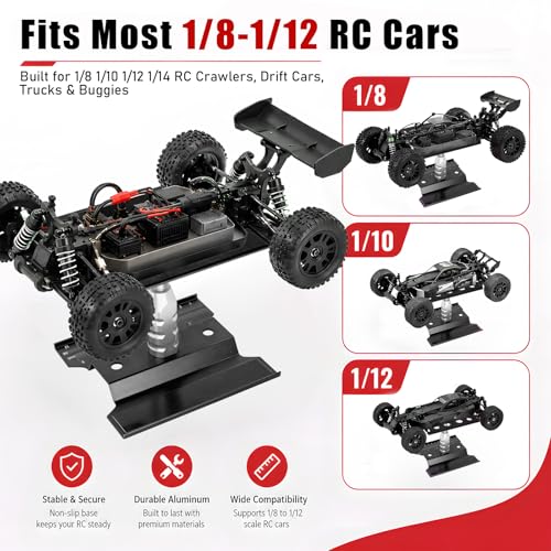 RC Car Repair Work Stand Lift Lower Adjustable Workstation Aluminum 360 Degree Rotation for 1/8 1/10 1/12 RC Car Traxxas Slash TRX4 Arrma Axial SCX10 Losi Redcat Wltoys RC Crawler Monster Truck Buggy - color: Lift Lower Black