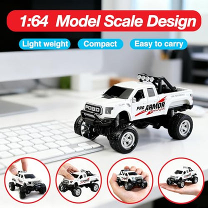 Mini RC Truck, 1/64 Scale Alloy Monster Truck Remote Control Car | 2.4GHz Control, LED Lights, 3-Speed Settings, Cruise Control,Adjustable Steering, Indoor Outdoor Toy for Kids Adults - color: White